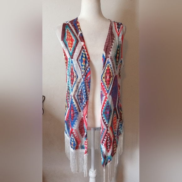 Twenty Second Colorful Aztec Print Fringe Kimono Vest Women's Size M Pastel - Picture 1 of 7